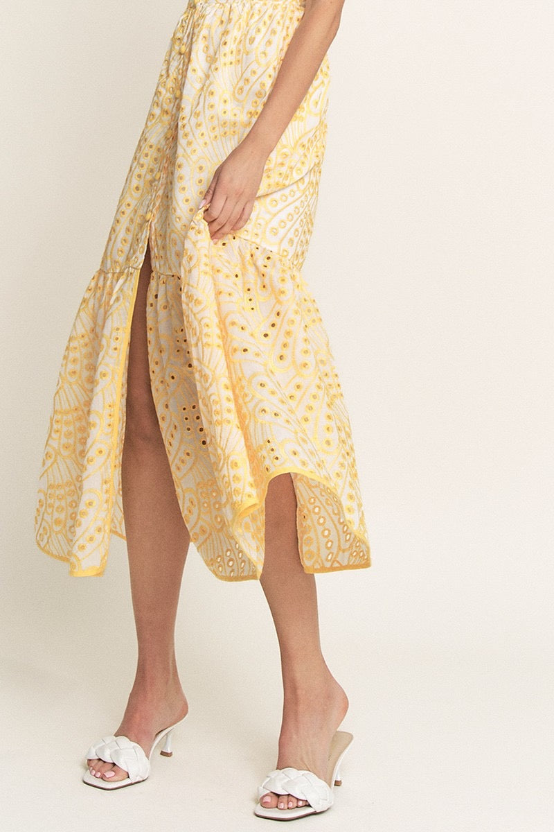 EYELET BUTTON MIDI CAMI DRESS- YELLOW