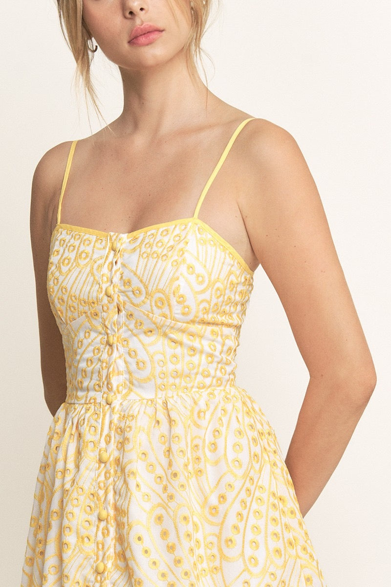 EYELET BUTTON MIDI CAMI DRESS- YELLOW