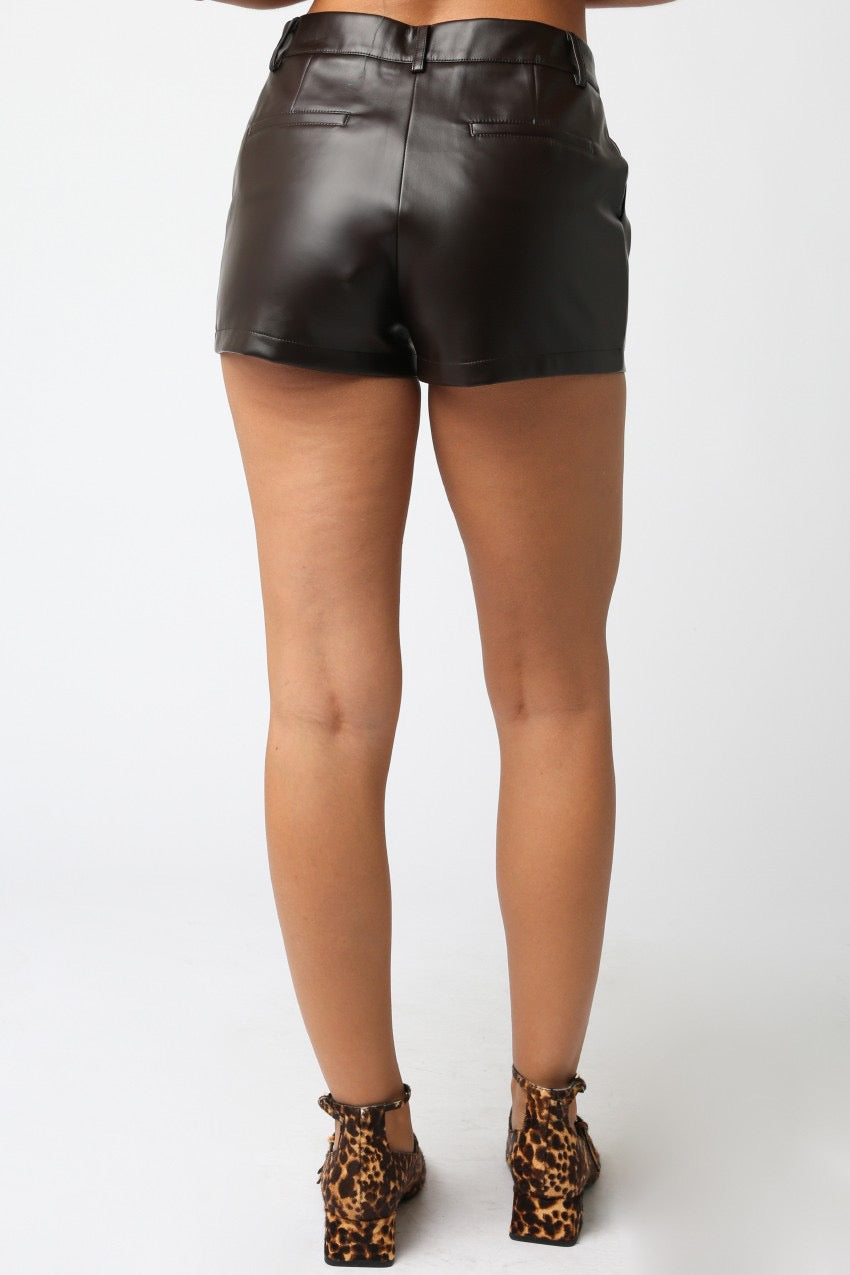 CASEY LEATHERETTE SHORTS- DARK BROWN