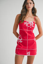 GRID FLORAL MINI DRESS- RED