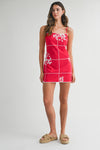 GRID FLORAL MINI DRESS- RED