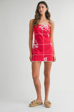 GRID FLORAL MINI DRESS- RED