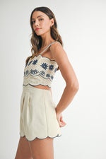 EMBROIDERED CUT OUT ROMPER- TAUPE