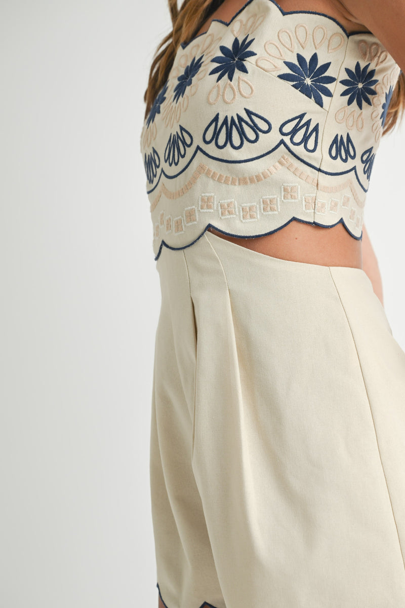 EMBROIDERED CUT OUT ROMPER- TAUPE