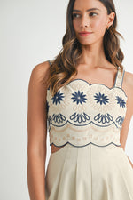 EMBROIDERED CUT OUT ROMPER- TAUPE