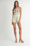 EMBROIDERED CUT OUT ROMPER- TAUPE