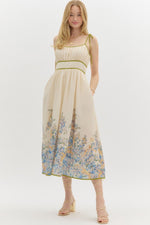 FLORAL BORDER TIE MIDI DRESS- NATURAL