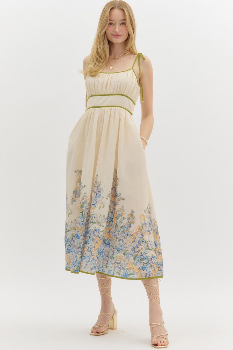 FLORAL BORDER TIE MIDI DRESS- NATURAL