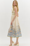 FLORAL BORDER TIE MIDI DRESS- NATURAL