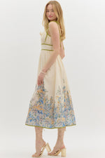 FLORAL BORDER TIE MIDI DRESS- NATURAL