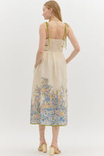 FLORAL BORDER TIE MIDI DRESS- NATURAL