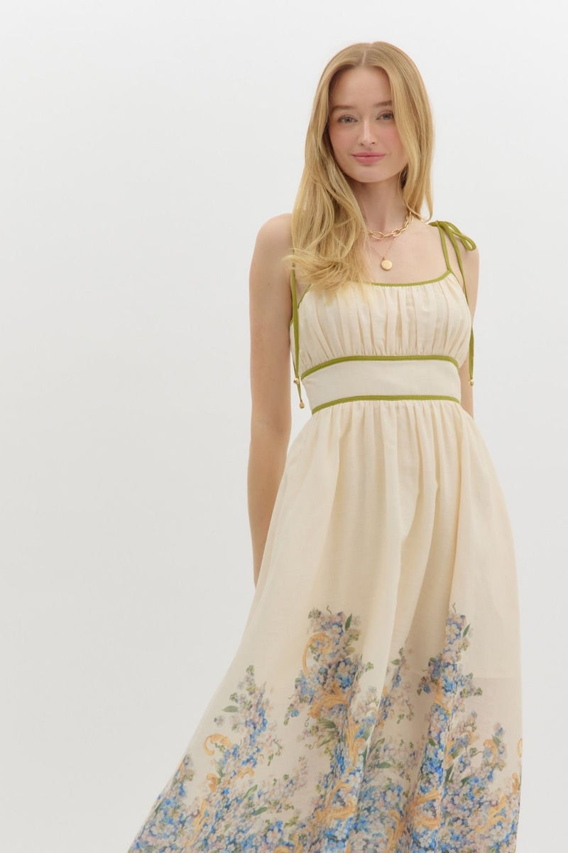 FLORAL BORDER TIE MIDI DRESS- NATURAL