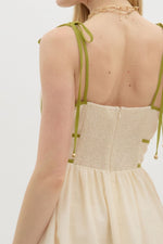 FLORAL BORDER TIE MIDI DRESS- NATURAL