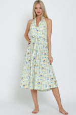 FLORAL HALTER BELTED DRESS- YELLOW/BLUE