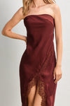 LACE STRAPLESS SLIT DRESS- POMEGRANATE