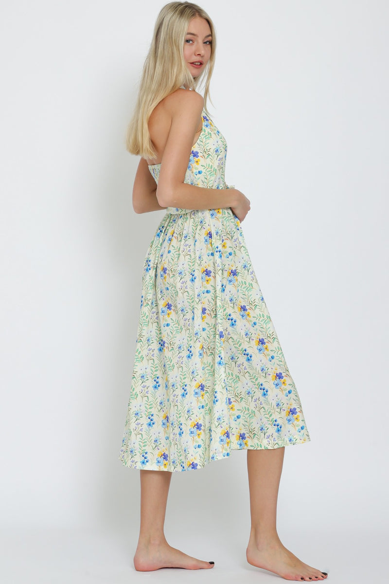 FLORAL HALTER BELTED DRESS- YELLOW/BLUE