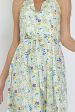 FLORAL HALTER BELTED DRESS- YELLOW/BLUE