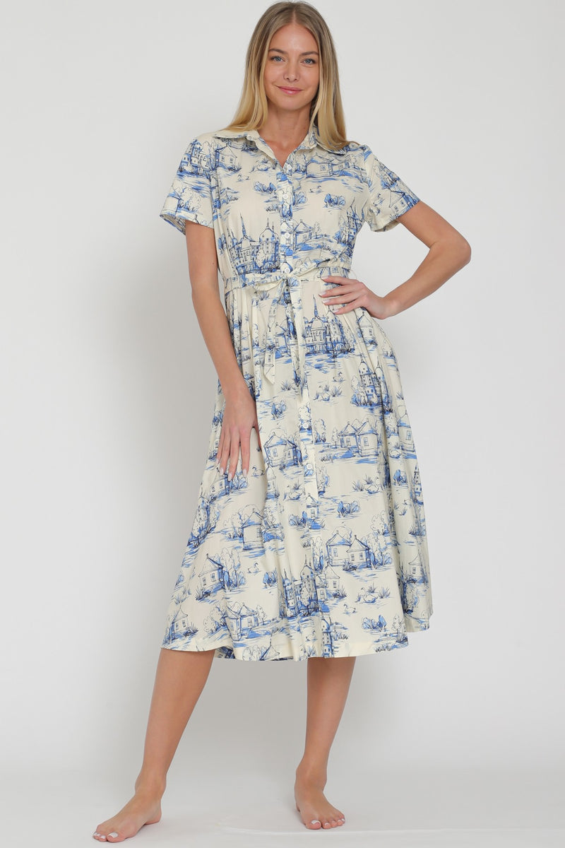 ARIA BELTED SHIRT DRESS- BLUE/IVORY
