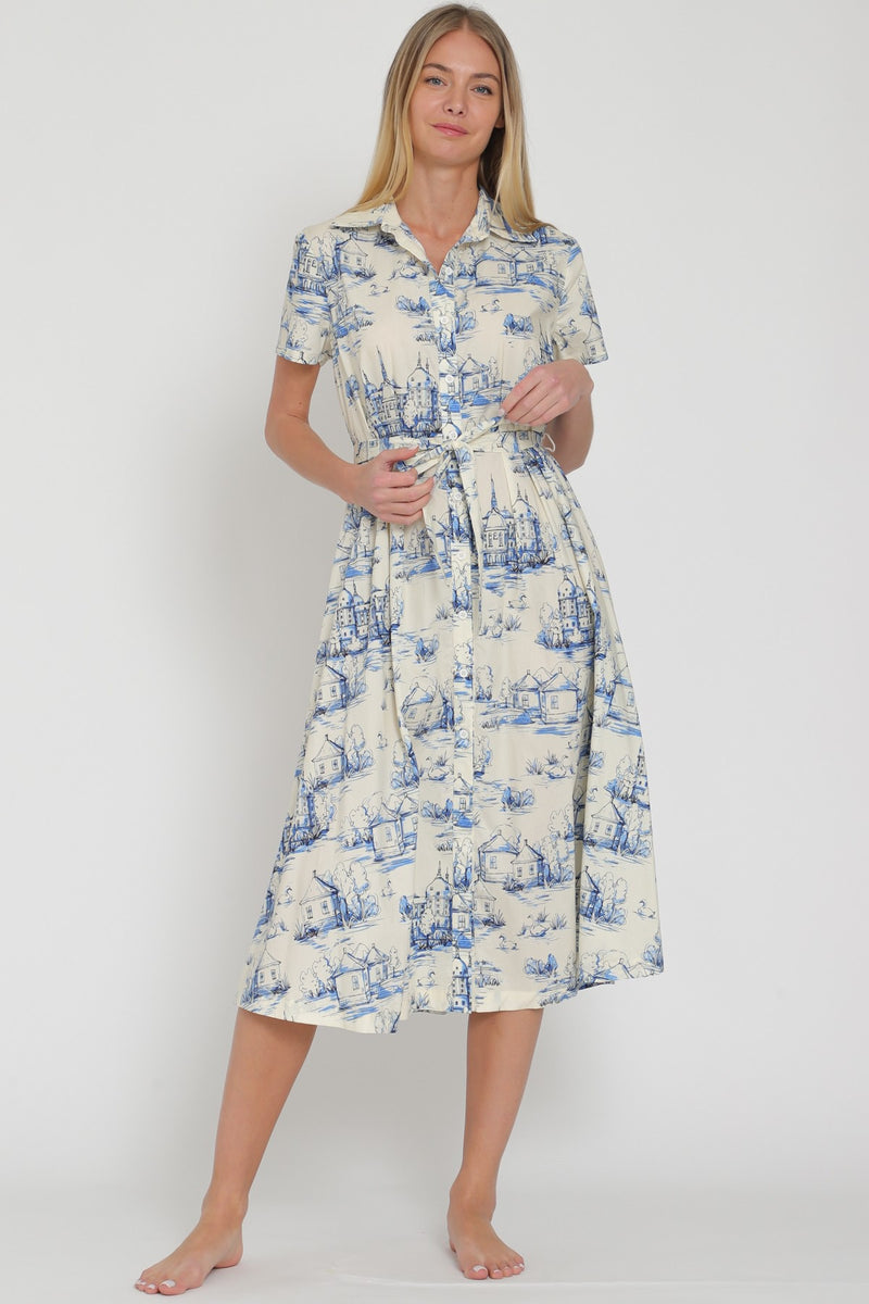 ARIA BELTED SHIRT DRESS- BLUE/IVORY