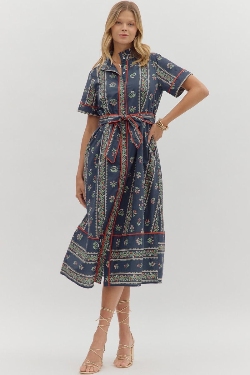 LINEAR FLORAL SHIRT DRESS- NAVY