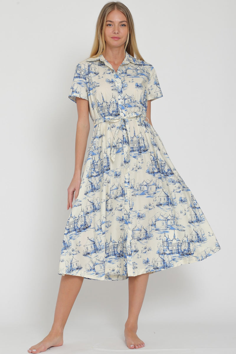 ARIA BELTED SHIRT DRESS- BLUE/IVORY