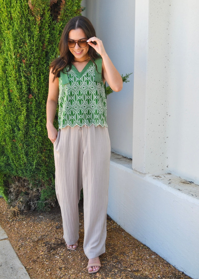 FLORAL EMBROIDERED STITCHED TANK- GREEN