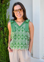 FLORAL EMBROIDERED STITCHED TANK- GREEN