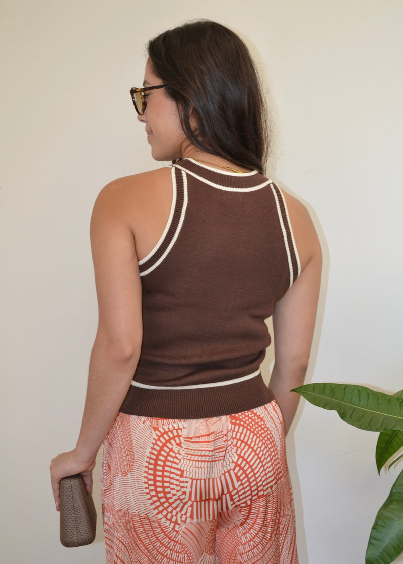CONTRAST TRIM KNIT HALTER- BROWN