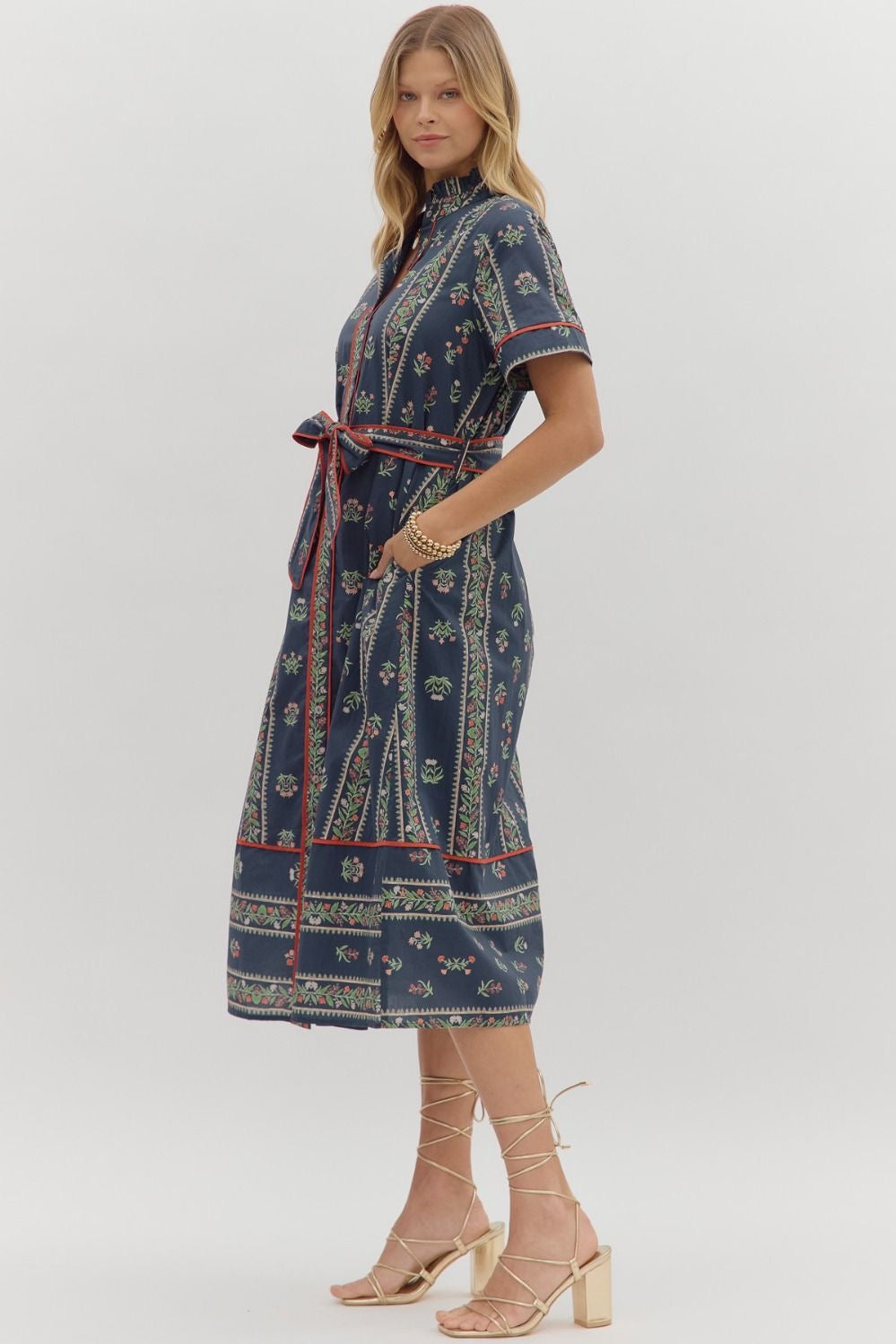 LINEAR FLORAL SHIRT DRESS- NAVY