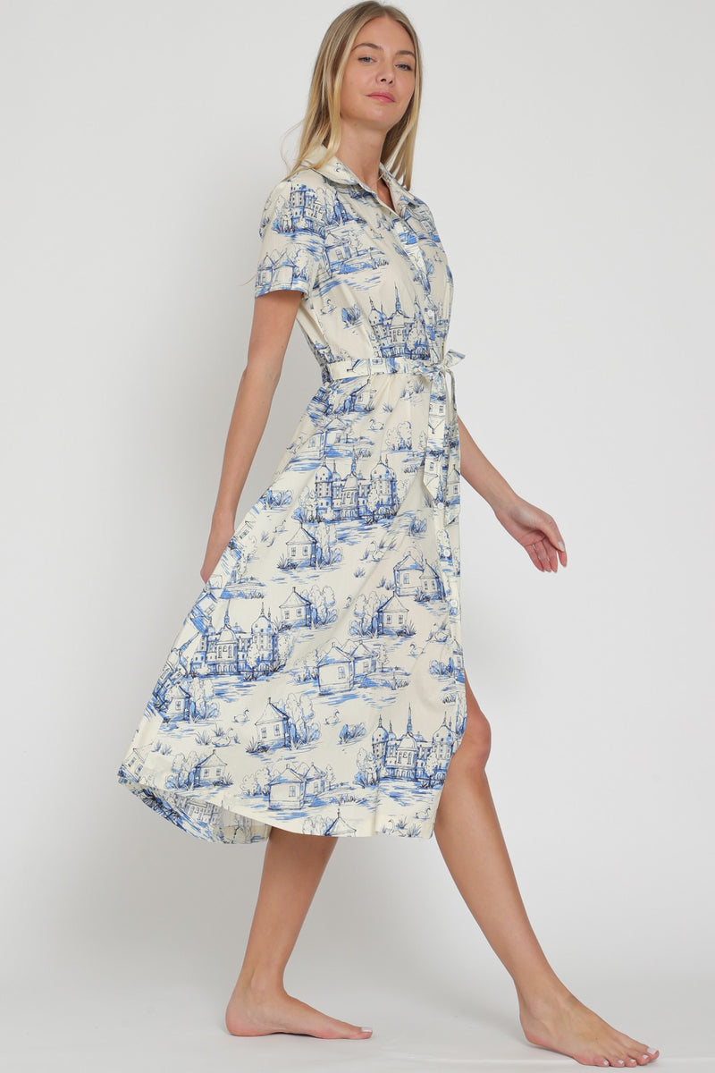 ARIA BELTED SHIRT DRESS- BLUE/IVORY