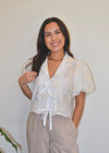 FLORAL EMBROIDERED FRONT TIE TOP- CREAM