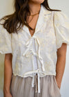 FLORAL EMBROIDERED FRONT TIE TOP- CREAM