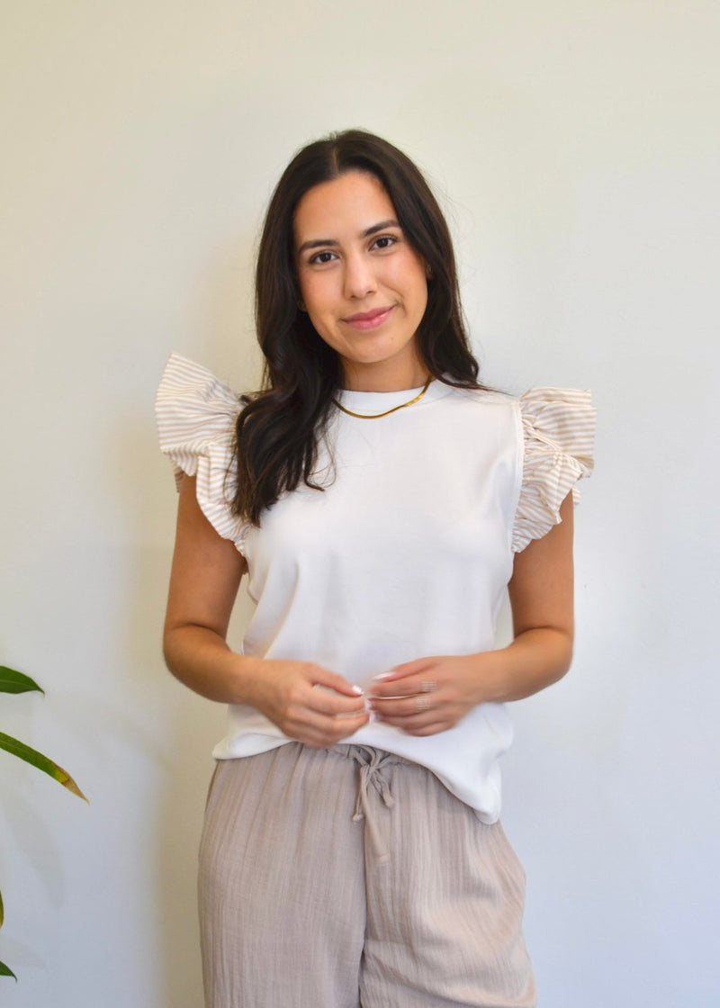 STRIPE BUBBLE SLEEVE TEE- WHITE/TAUPE