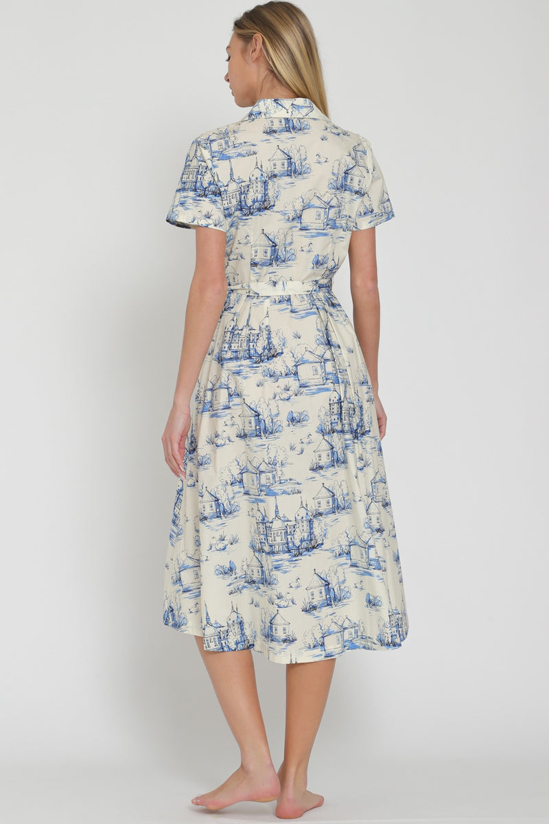 ARIA BELTED SHIRT DRESS- BLUE/IVORY