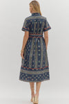 LINEAR FLORAL SHIRT DRESS- NAVY