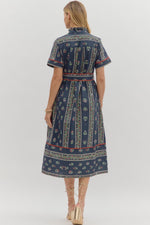 LINEAR FLORAL SHIRT DRESS- NAVY