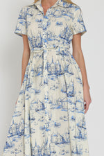 ARIA BELTED SHIRT DRESS- BLUE/IVORY