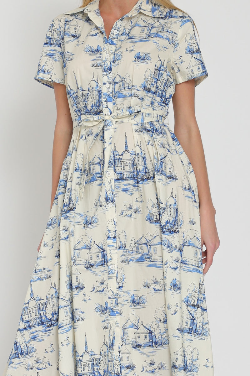 ARIA BELTED SHIRT DRESS- BLUE/IVORY