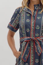 LINEAR FLORAL SHIRT DRESS- NAVY