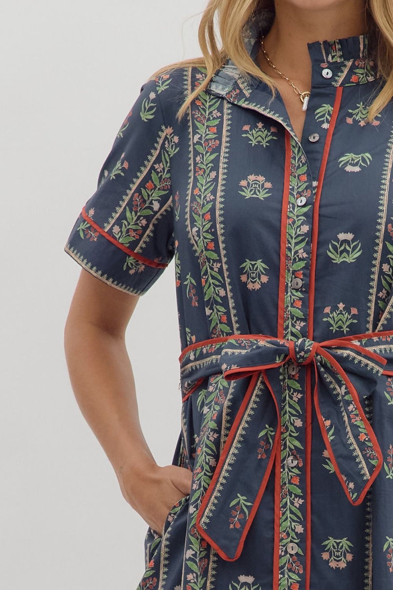 LINEAR FLORAL SHIRT DRESS- NAVY