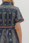 LINEAR FLORAL SHIRT DRESS- NAVY