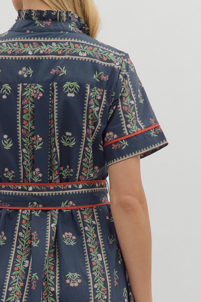 LINEAR FLORAL SHIRT DRESS- NAVY