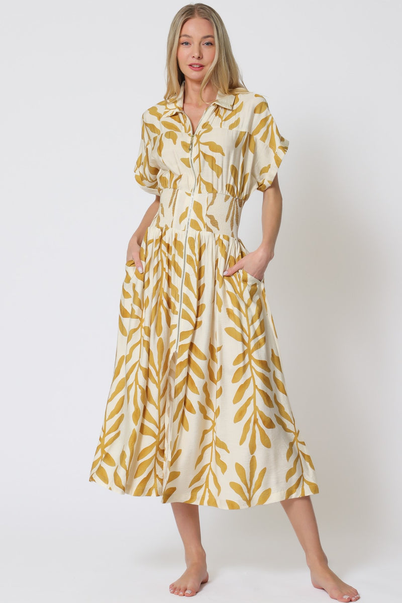 SKYLAR DOLMAN SLEEVE MIDI DRESS- IVORY/YELLOW
