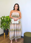 BAYOU FLORAL PLEATED STRAPLESS DRESS- MULTI GREEN