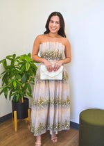BAYOU FLORAL PLEATED STRAPLESS DRESS- MULTI GREEN
