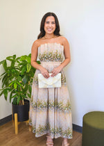 BAYOU FLORAL PLEATED STRAPLESS DRESS- MULTI GREEN