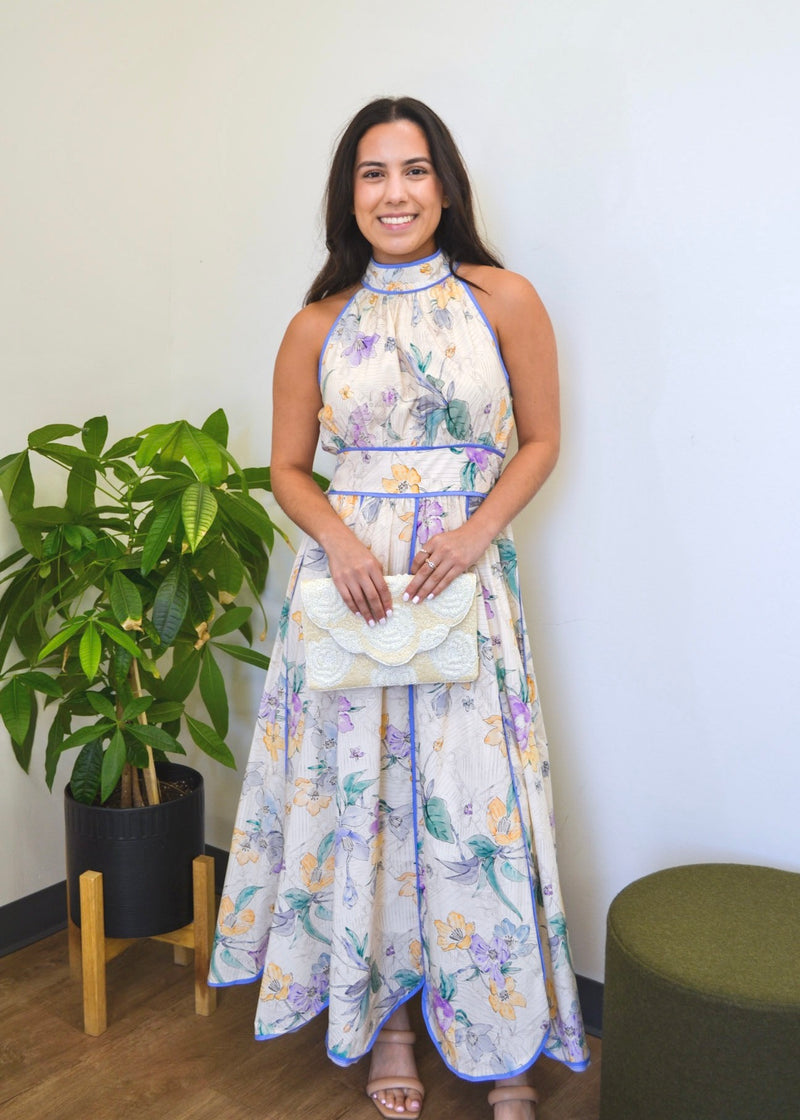 SCALLOPED FLORAL HALTER MIDI DRESS- ECRU/BLUE