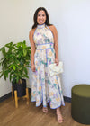SCALLOPED FLORAL HALTER MIDI DRESS- ECRU/BLUE