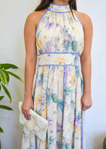 SCALLOPED FLORAL HALTER MIDI DRESS- ECRU/BLUE
