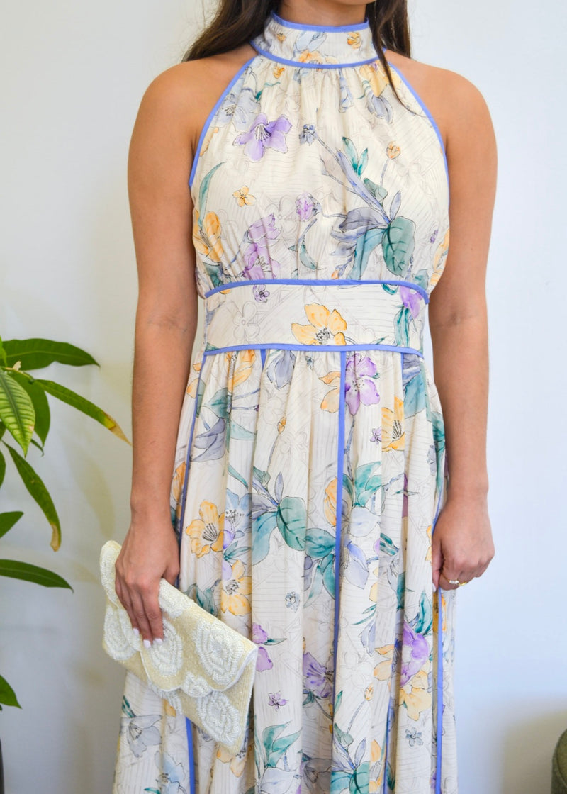 SCALLOPED FLORAL HALTER MIDI DRESS- ECRU/BLUE